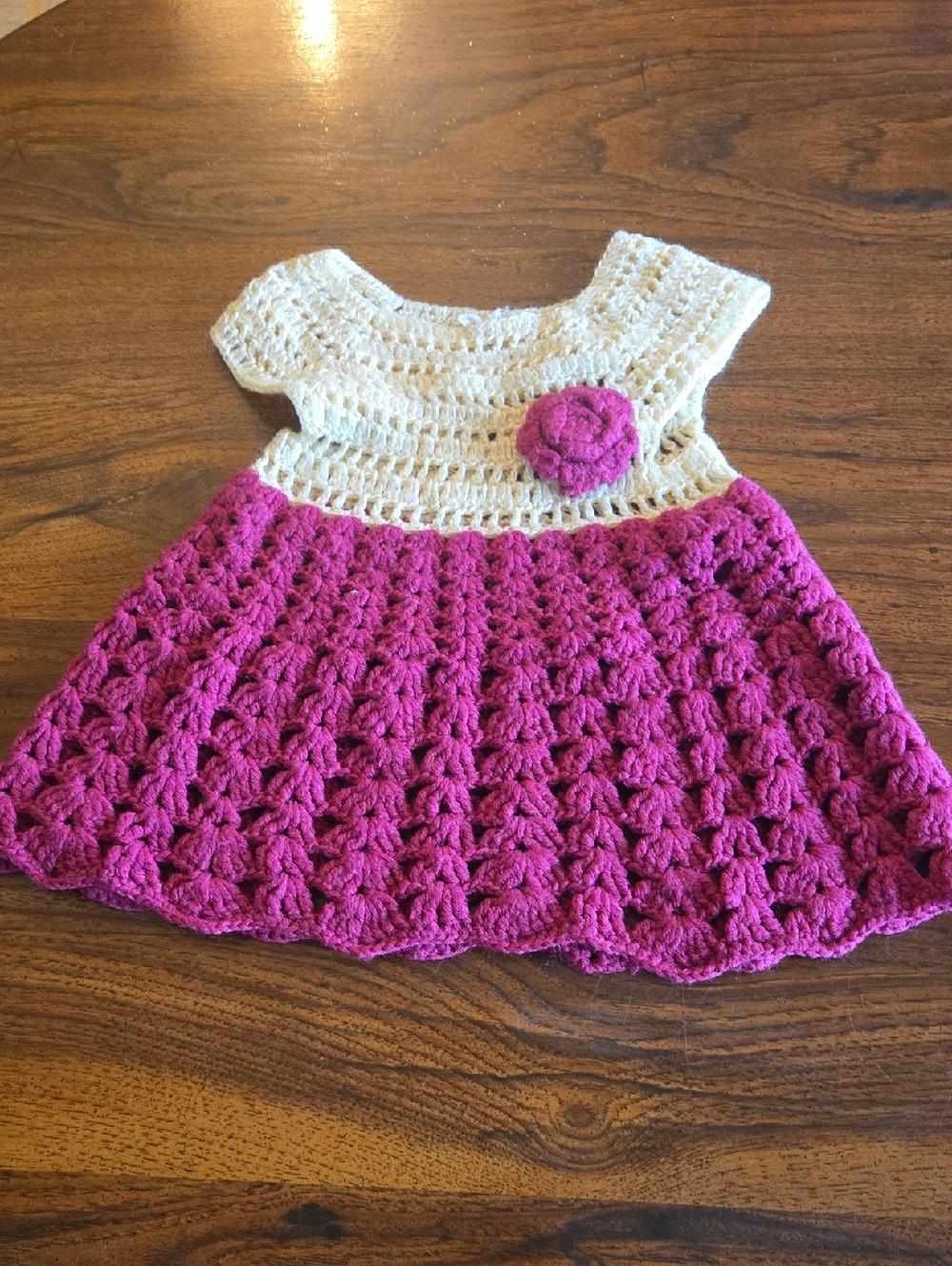 Hand-Crocheted Baby Dress in Cream and Magenta